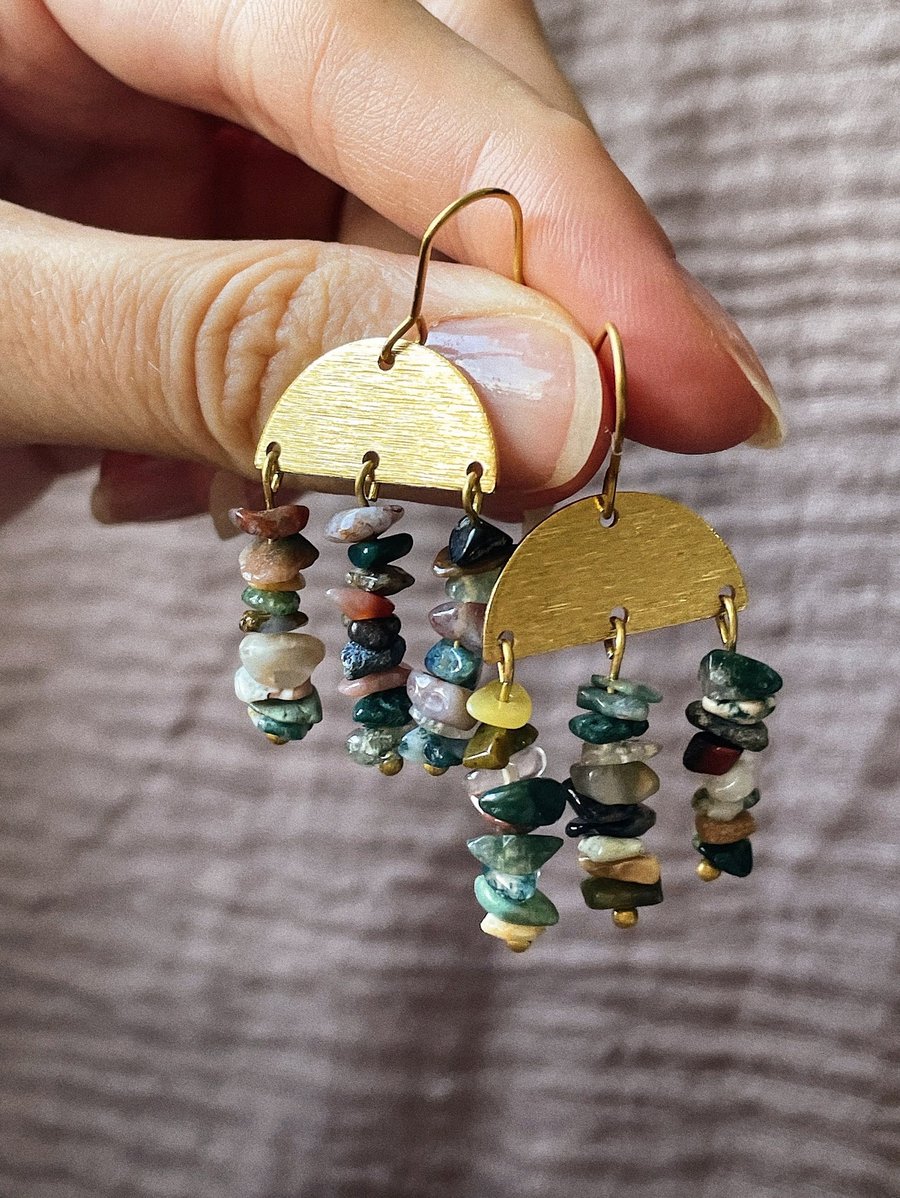 Handmade brass and stone earrings, Indian agate earrings