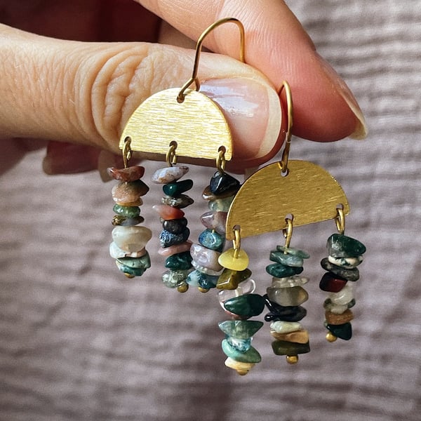 Handmade brass and stone earrings, Indian agate earrings