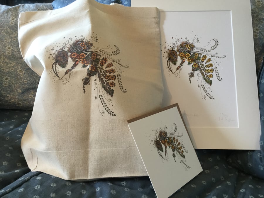 Honey Bee signed print, greeting card and Free cotton bag