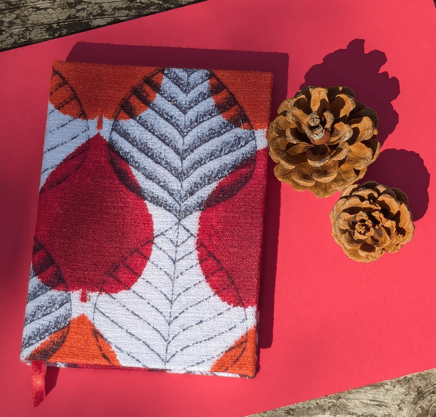 Handmade A6 Journal with 1950's Red Autumn Leaf Design Vintage Barkcloth Fabric