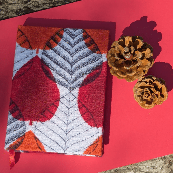 Handmade A6 Journal with 1950's Red Autumn Leaf Design Vintage Barkcloth Fabric