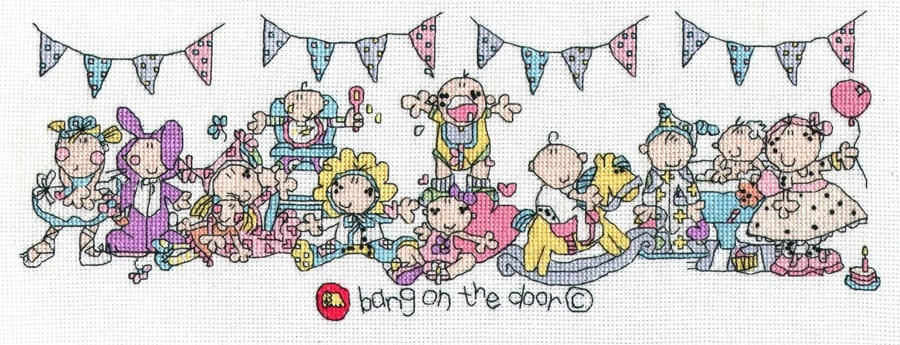 Bang on the door - baby party cross stitch kit