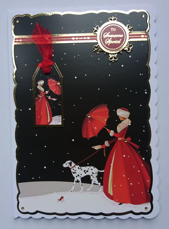 Christmas Card Dalmatian Dog Lady Red Coat Someone Special 3D Luxury Handmade