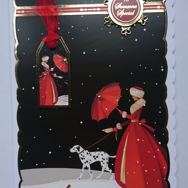 Christmas Card Dalmatian Dog Lady Red Coat Someone Special 3D Luxury Handmade
