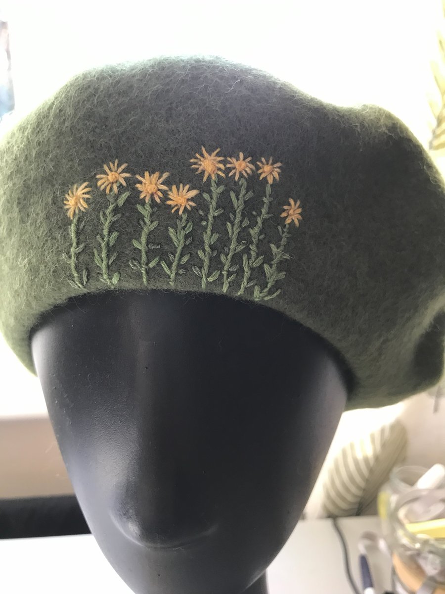 Green, Pure New Wool, Woolmark, Embroidered Beret.