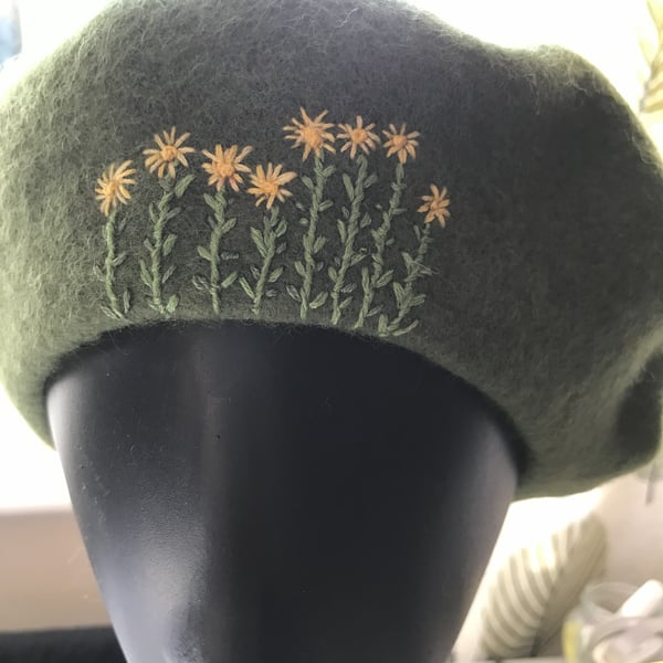 Green, Pure New Wool, Woolmark, Embroidered Beret.
