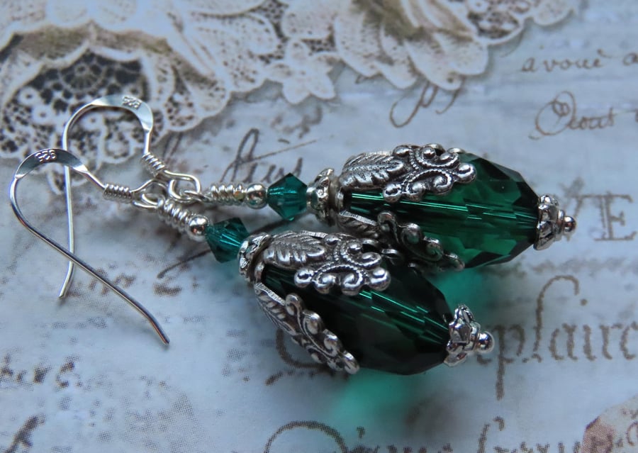 Crystal Emerald Green Dangle Earrings, Antique Vintage Style Crystal Teardrops