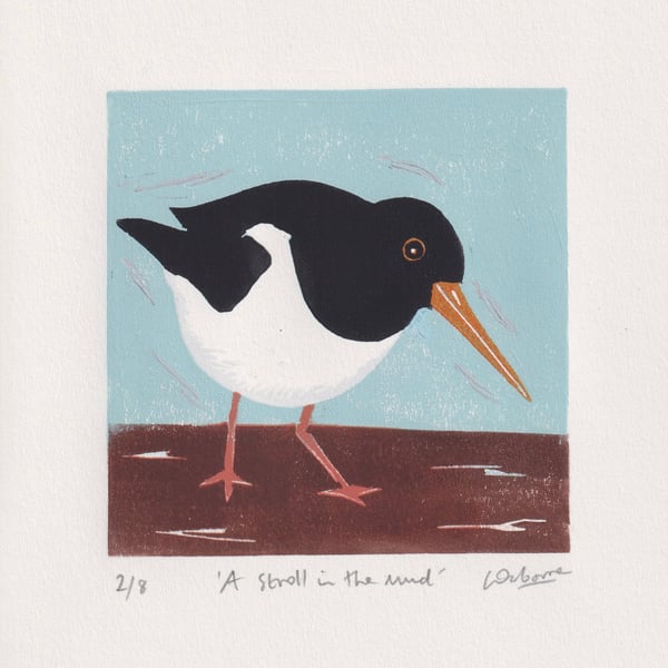 Oystercatcher linocut - A stroll in the mud 