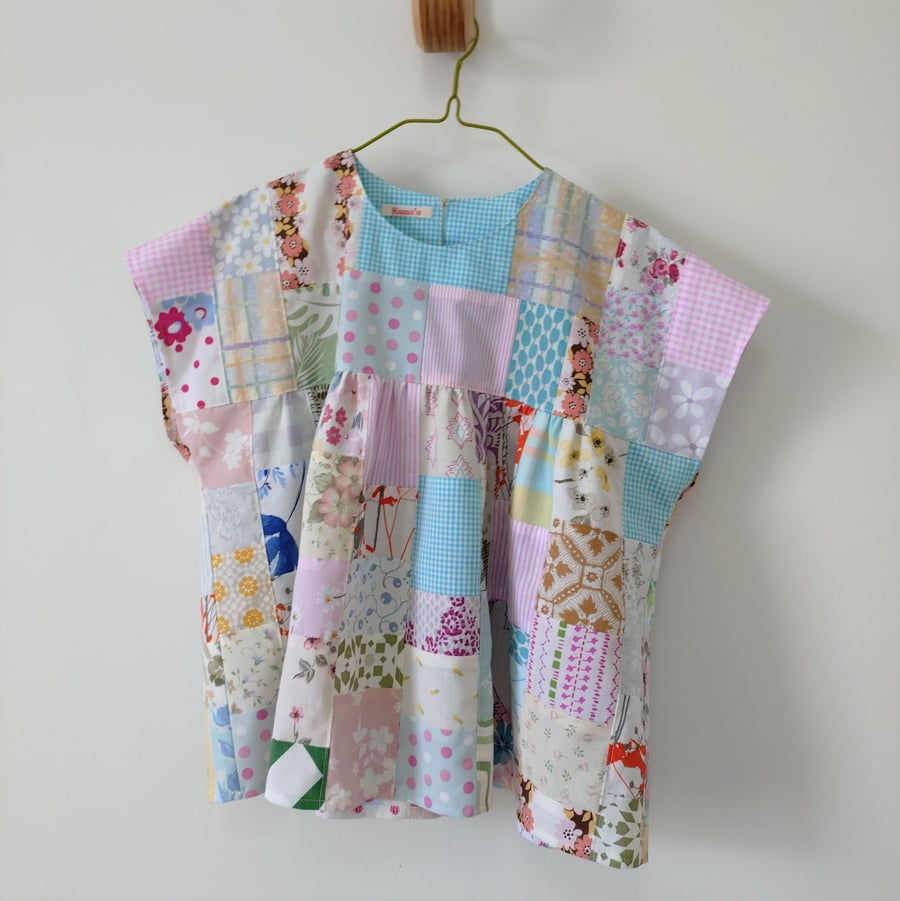 Upcycled Cotton Patchwork Top, Oversized Top, Gathered Top, Size UK10 - 14