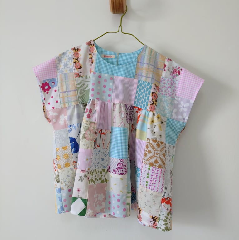 Upcycled Cotton Patchwork Top, Oversized Top, Gathered Top, Size UK10 - 14