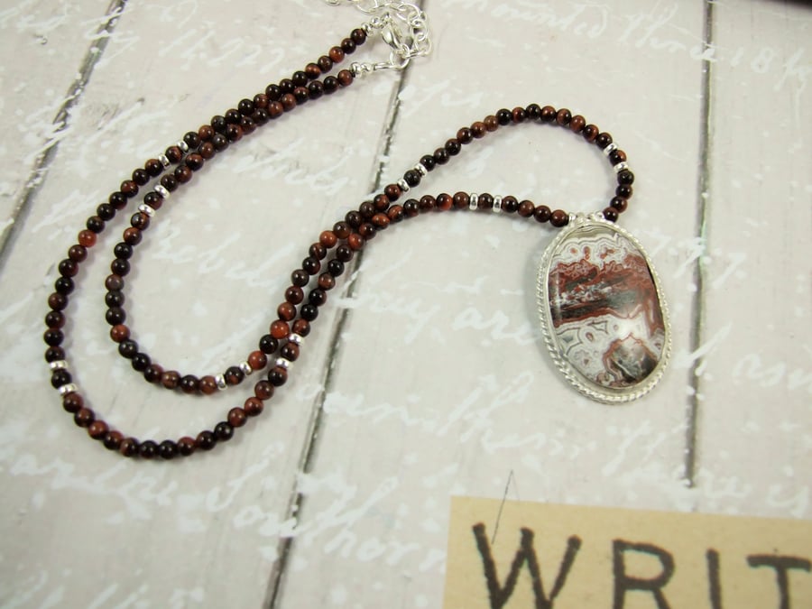 Crazy Lace Agate Necklace,  set in Silver with Red Tigers Eye Necklet