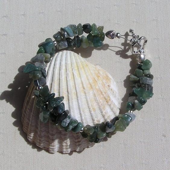 Green Moss Agate Crystal Gemstone Beaded Bracelet "Spring Dew"
