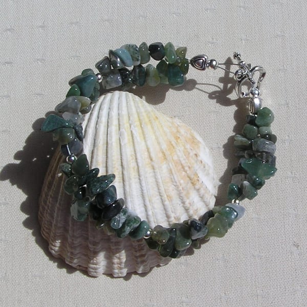 Green Moss Agate Crystal Gemstone Beaded Chakra Bracelet "Spring Dew"