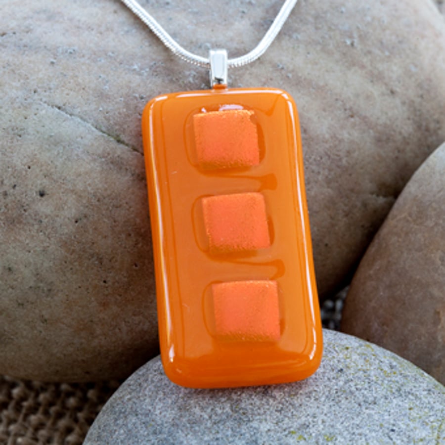 Brightly Coloured Orange Rectangular Dichroic Fused Glass Pendant