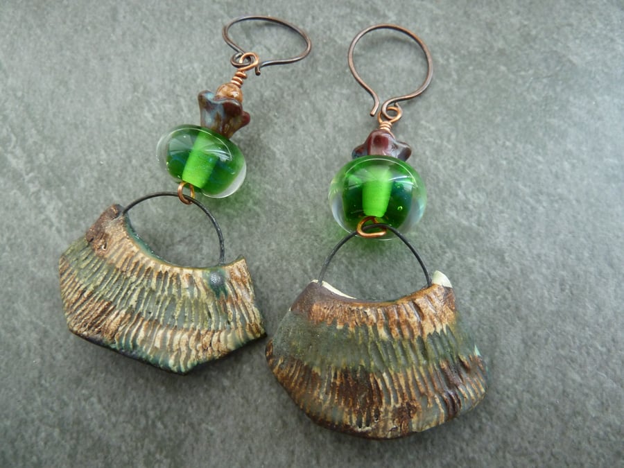 green lampwork, copper and ceramic earrings