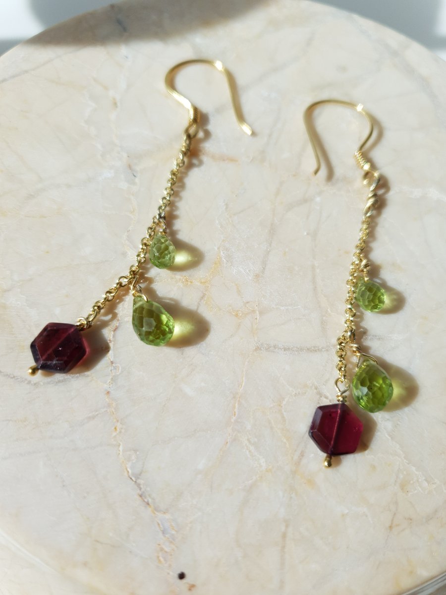 Gold Vermeil Rhodolite Garnet & Briolette Peridot Drop earrings Gold Plated 925