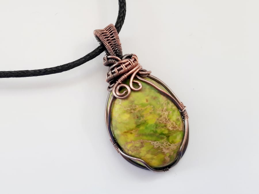 Pale Green Pendant, Jasper Copper Wire Wrapped Necklace, Gifts for Women