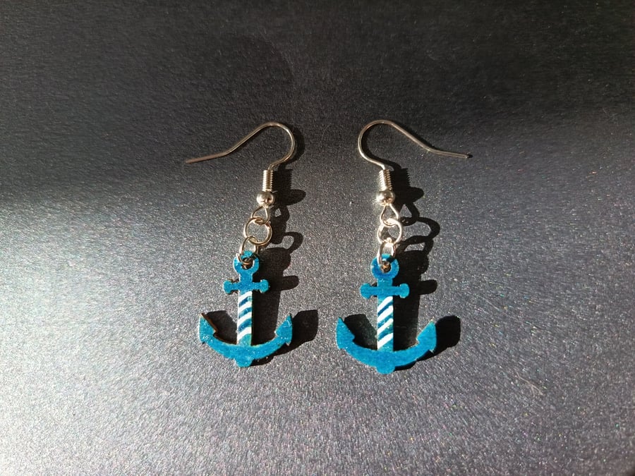 Hand-painted blue and white anchor charm earrings 