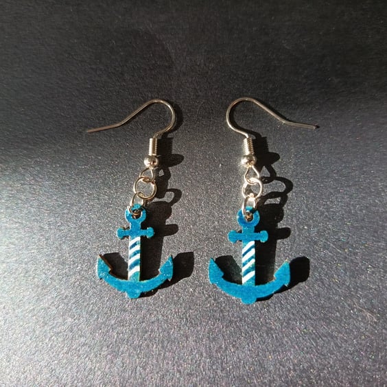 Hand-painted blue and white anchor charm earrings 