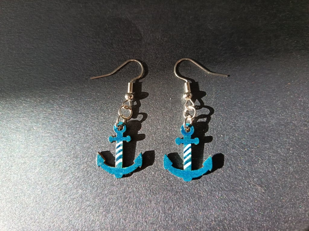 Hand-painted blue and white anchor charm earrings 