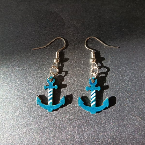 Hand-painted blue and white anchor charm earrings 