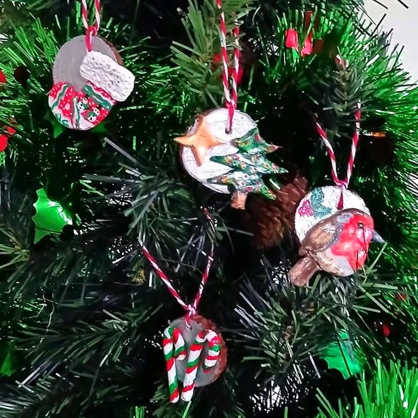 Christmas tree decorations set of 4, small, lightweight, made from airdry clay