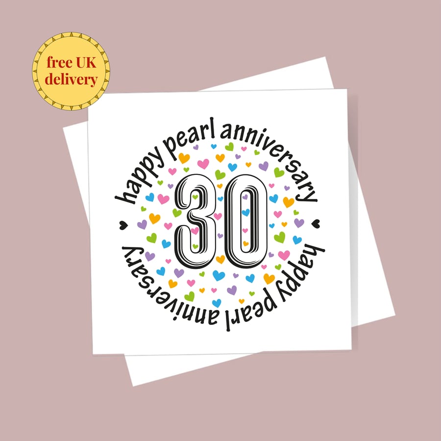 30th Wedding Anniversary card - pearl anniversary, free postage, blank inside