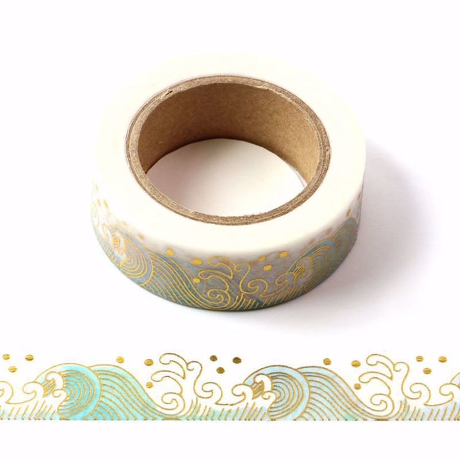 Ocean Sea Waves with Gold Foil Embossing Decorative Washi Tape 15mm x 10 Meters 