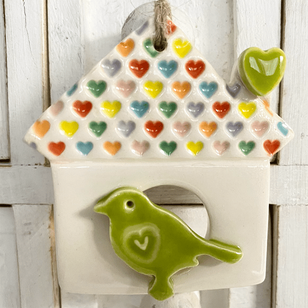 Small Ceramic bird house with heart roof