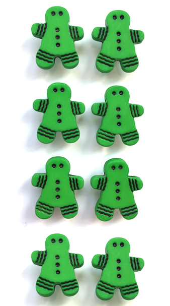 8 Gingerbread Person Buttons, Christmas, Green, 17mm (T), Noel! Santa