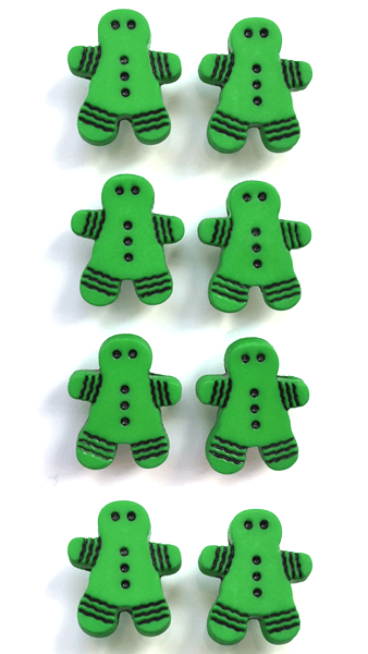 8 Gingerbread Person Buttons, Christmas, Green, 17mm (T), Noel! Santa