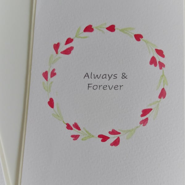 Original Hand Painted "Always & Forever" Card with Red Heart Flower Wreath