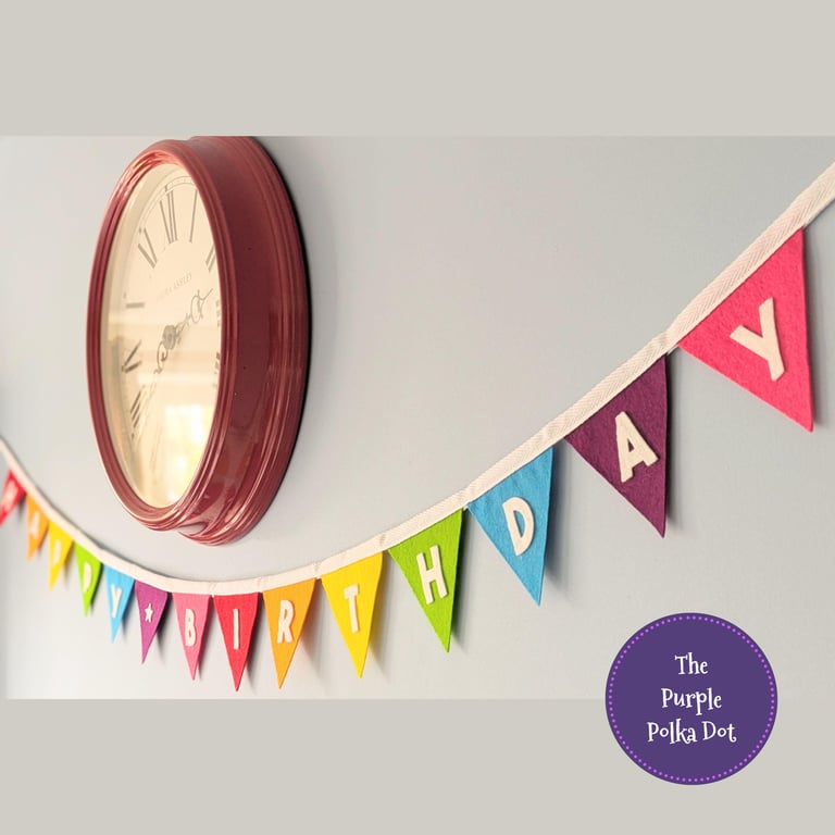 Happy birthday bunting handmade from wool blend felt in bright rainbow colours