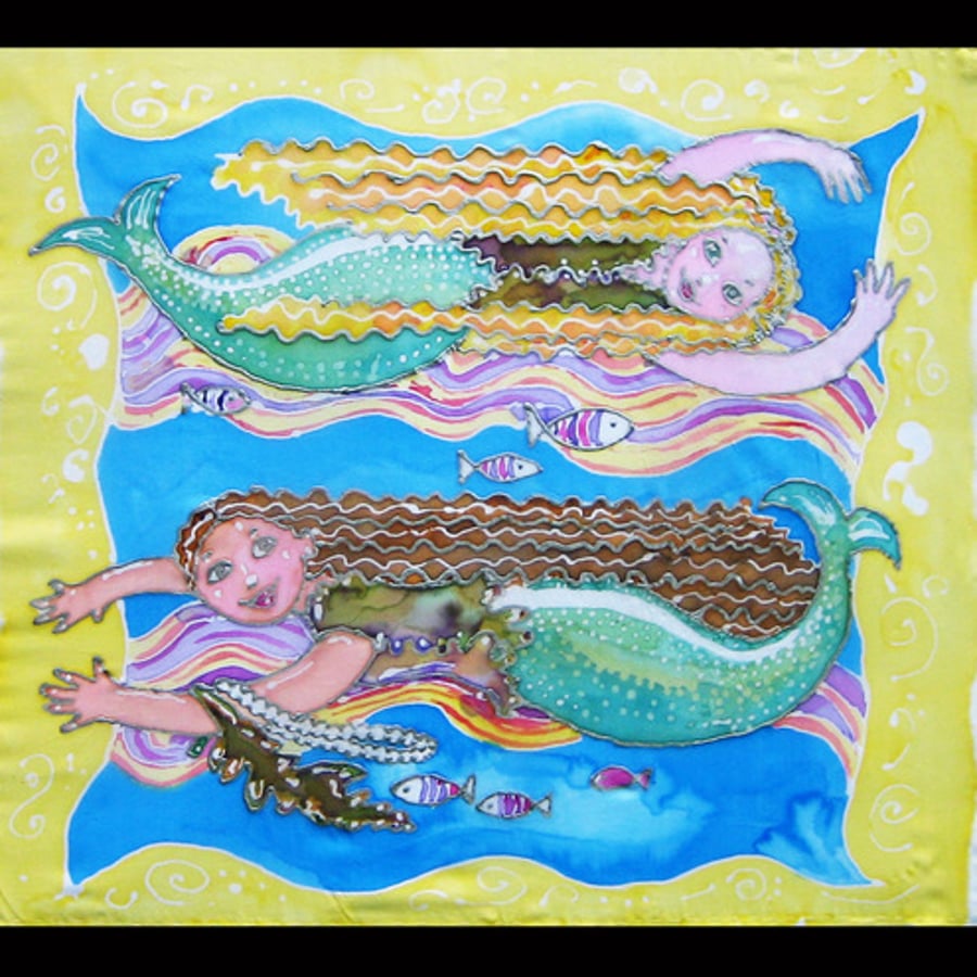 Swimming mermaids,silk painting