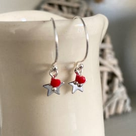 Tiny silver star and red bead half-hoop earrings, sterling silver hoops