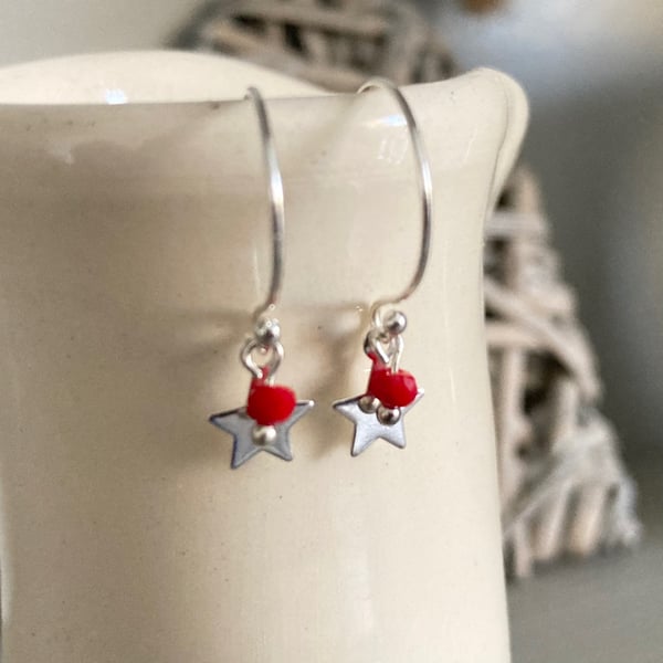 Tiny silver star and red bead half-hoop earrings, sterling silver hoops