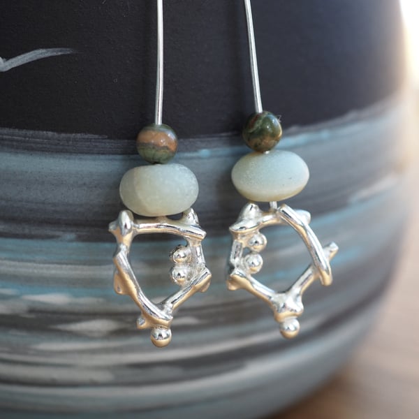 Artisan Argentium Silver Drop Earrings, Amazonite & Rhyolite bead, ARC Jewellery