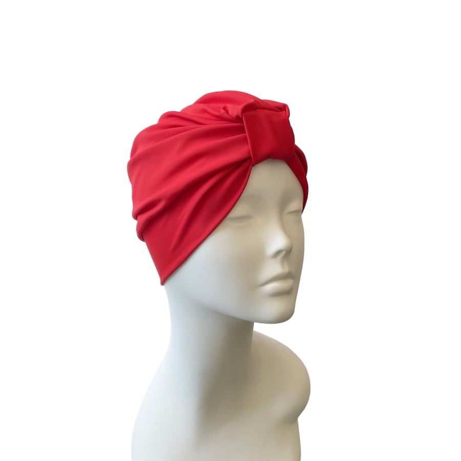 Bright Red Swim Turban Hat, SPF 50 Hair Care Head Scarf for Women Hair Loss Cap