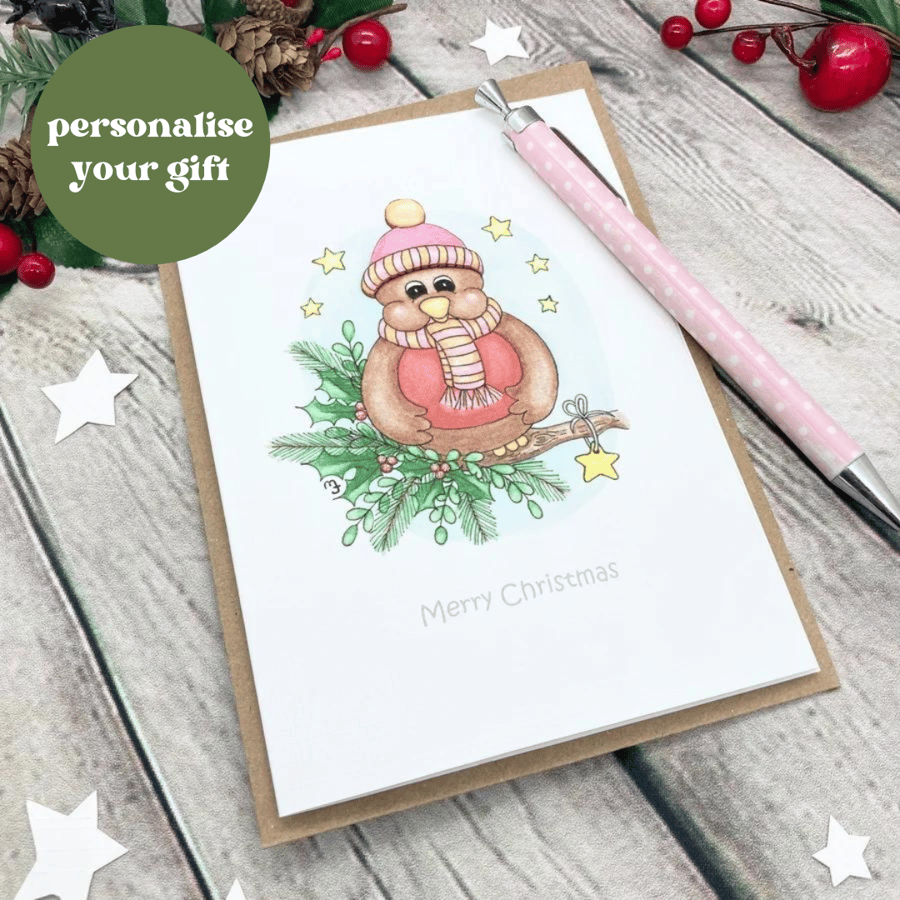 Christmas Robin Card - Christmas Greetings Card - Personalised