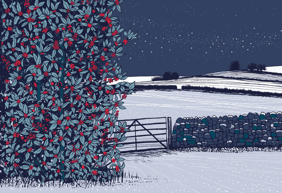 'Holly Hedge Blue' greetings card - pack of 8