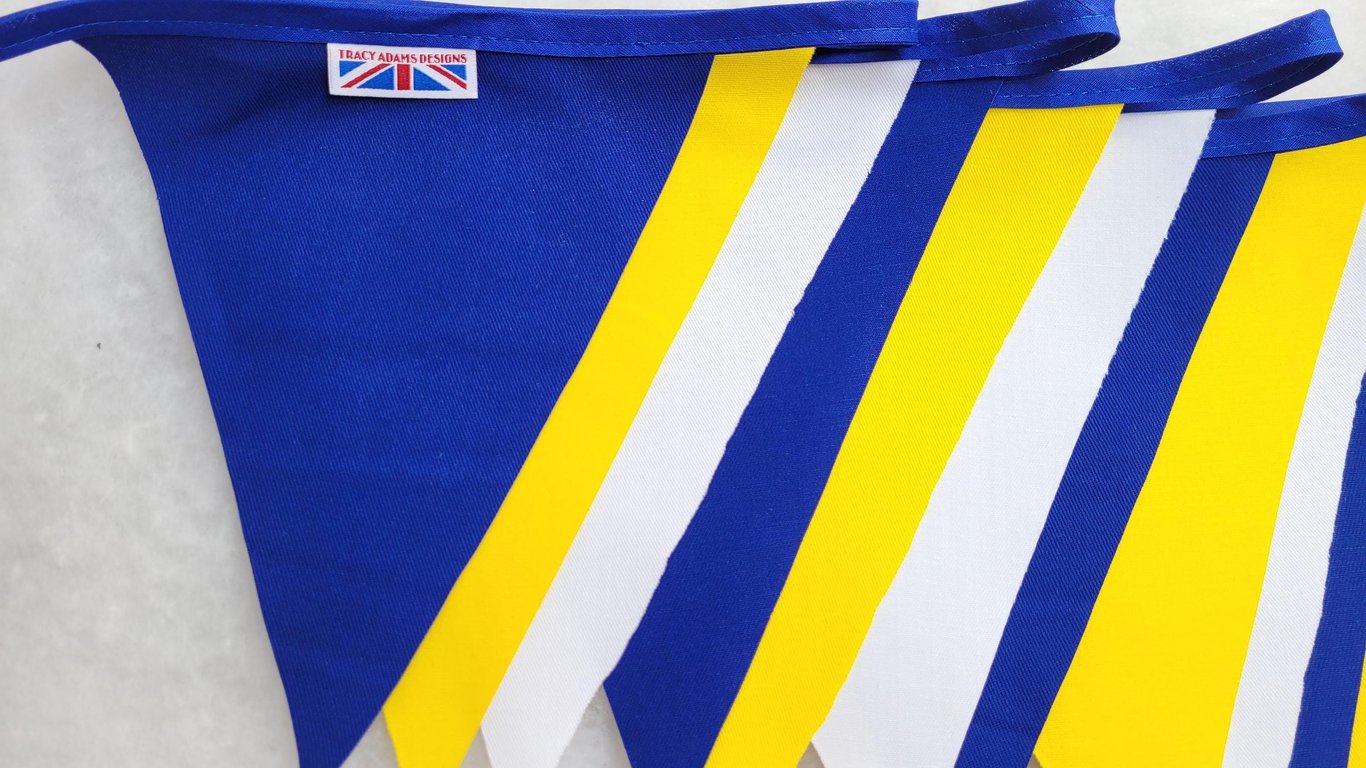 Leeds United bunting colours - 10 mtrs Blue, yellow and white with blue hanger