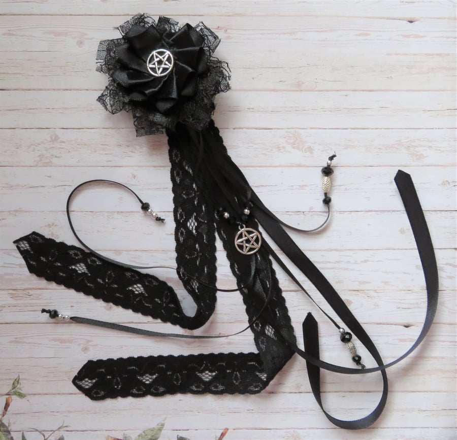 Black Gothic Style Clip in Hair Ribbons Pentagram Witch Accessory
