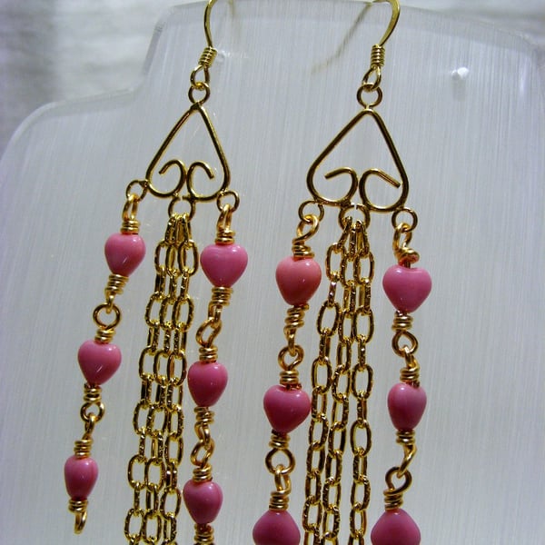 Seconds Sunday Pink Hearts with Gold Chain Dangle Earrings