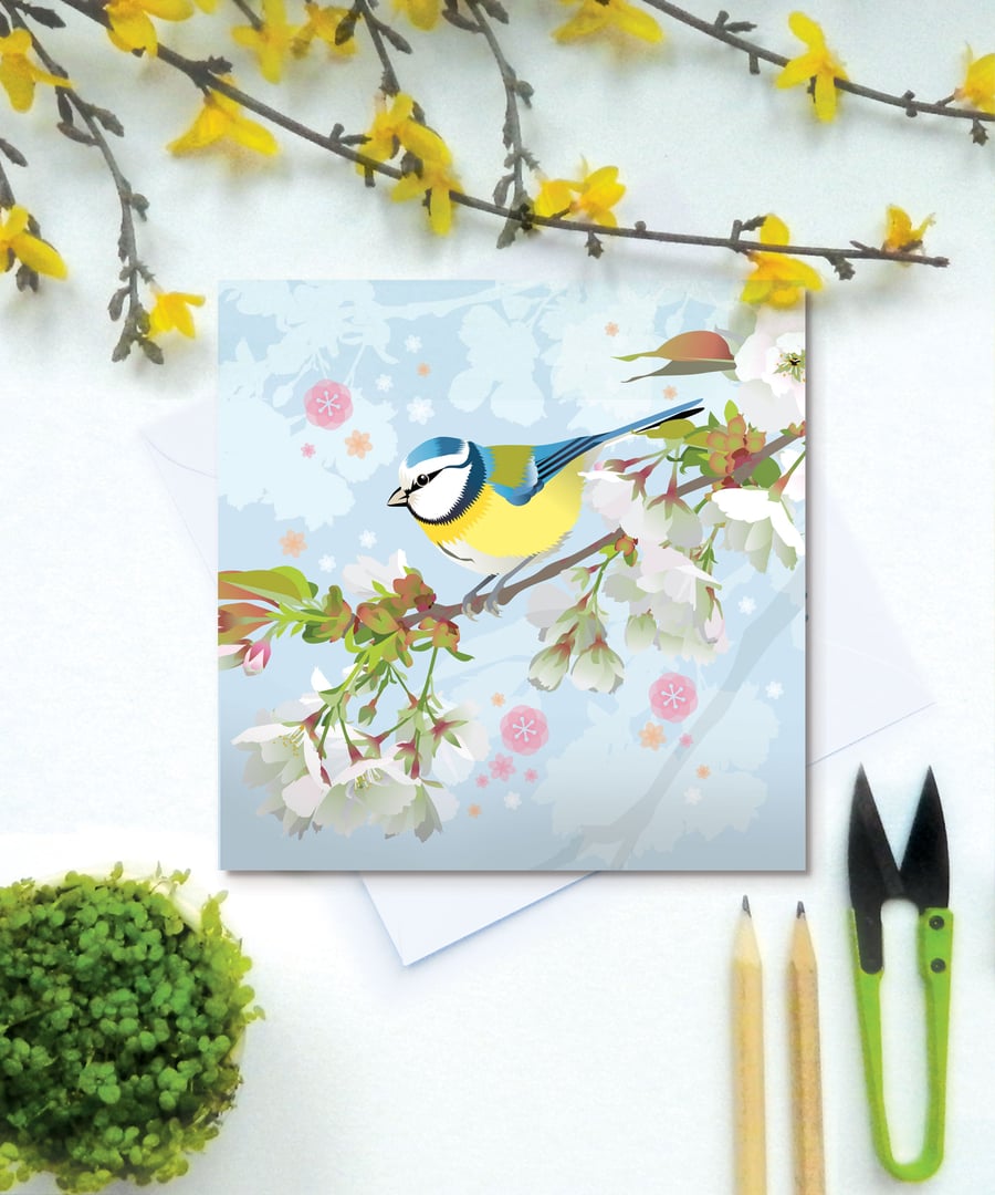 Bluetit on Cherry Blossom Spring Greetings Card - British Bird, Eco Friendly