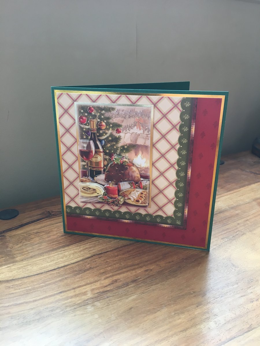 3D Christmas Pudding Card - Handmade - Decoupage - Blank Inside
