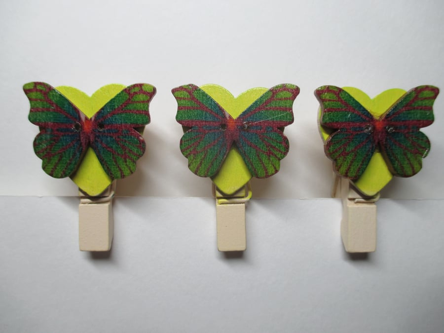 Butterfly on Love Heart Peg Clip Mini Peg Set of three Lime Green Red Blue