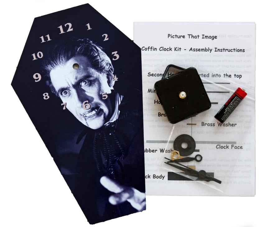 DIY Coffin shaped wall Clock Kit - Christopher Lee as Count Dracula