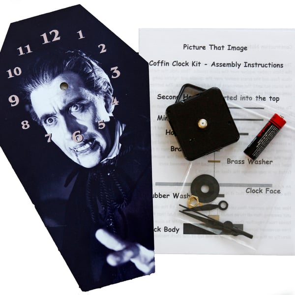 DIY Coffin shaped wall Clock Kit - Christopher Lee as Count Dracula
