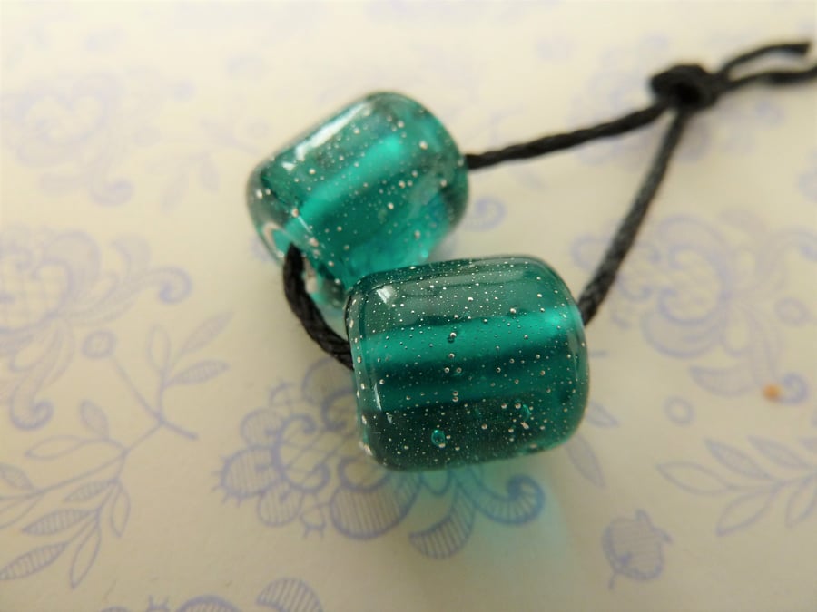 lampwork glass teal and silver barrel beads