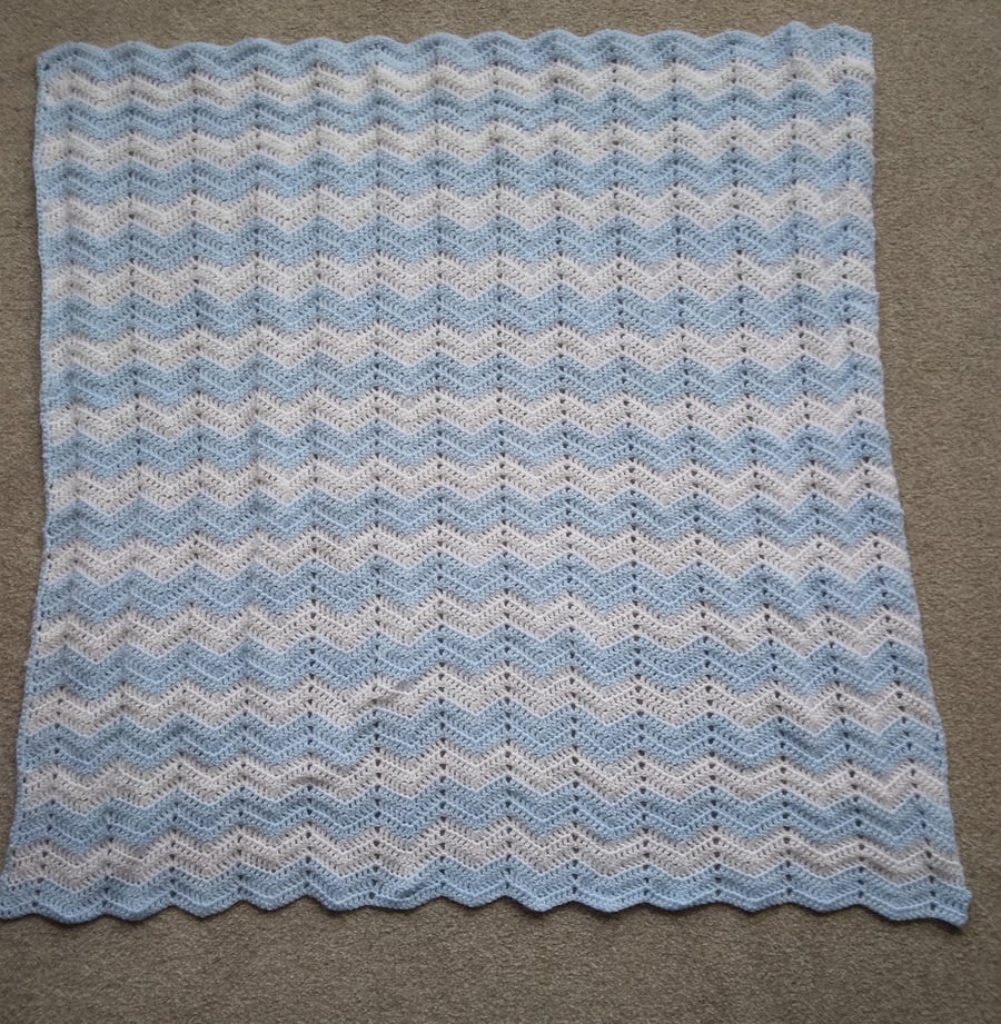 Crochet Ripple Baby Blanket in blue and white soft baby acrylic